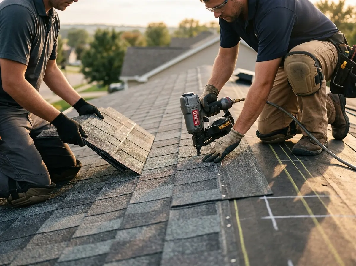 Professional roofer working on a residential roof in Menasha